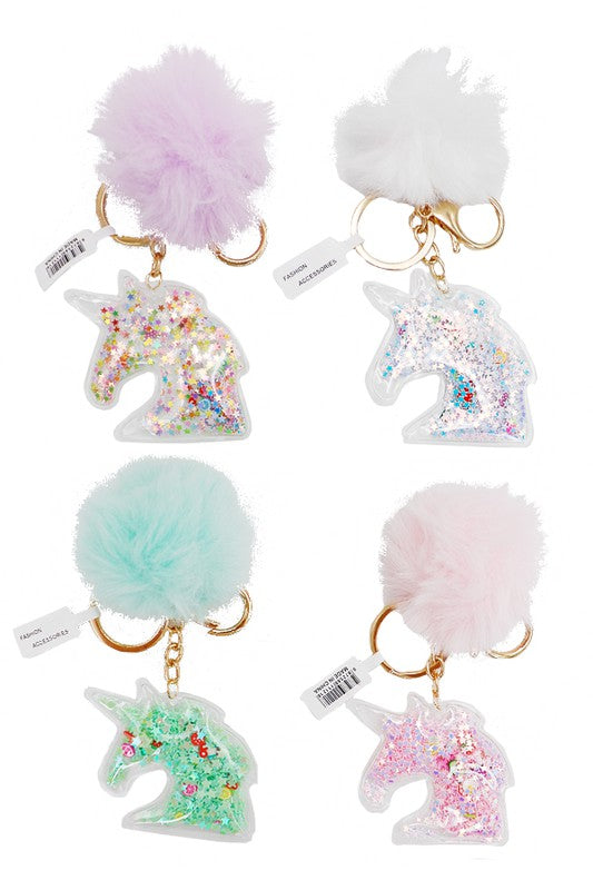 Glittered Unicorn Pom Key Chain